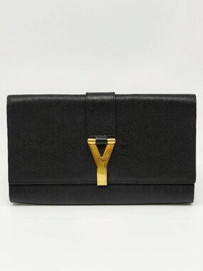 Saint Laurent YSL Black Leather Clutch Bag Gold Y Logo Envelope Evening